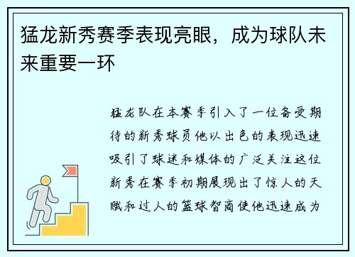 猛龙新秀赛季表现亮眼，成为球队未来重要一环